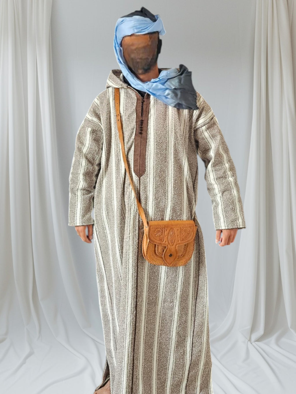 Handmade Moroccan 3-Piece Set – Djellaba, Turban & Leather Bag – Traditional Berber Outfit