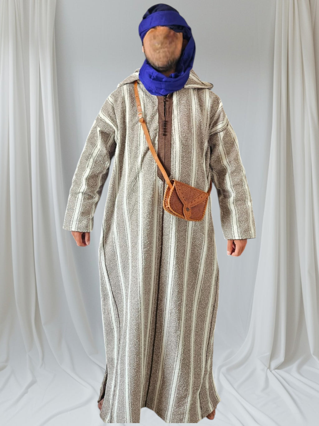 Handmade Moroccan 3-Piece Set – Djellaba, Turban & Leather Bag – Traditional Berber Outfit
