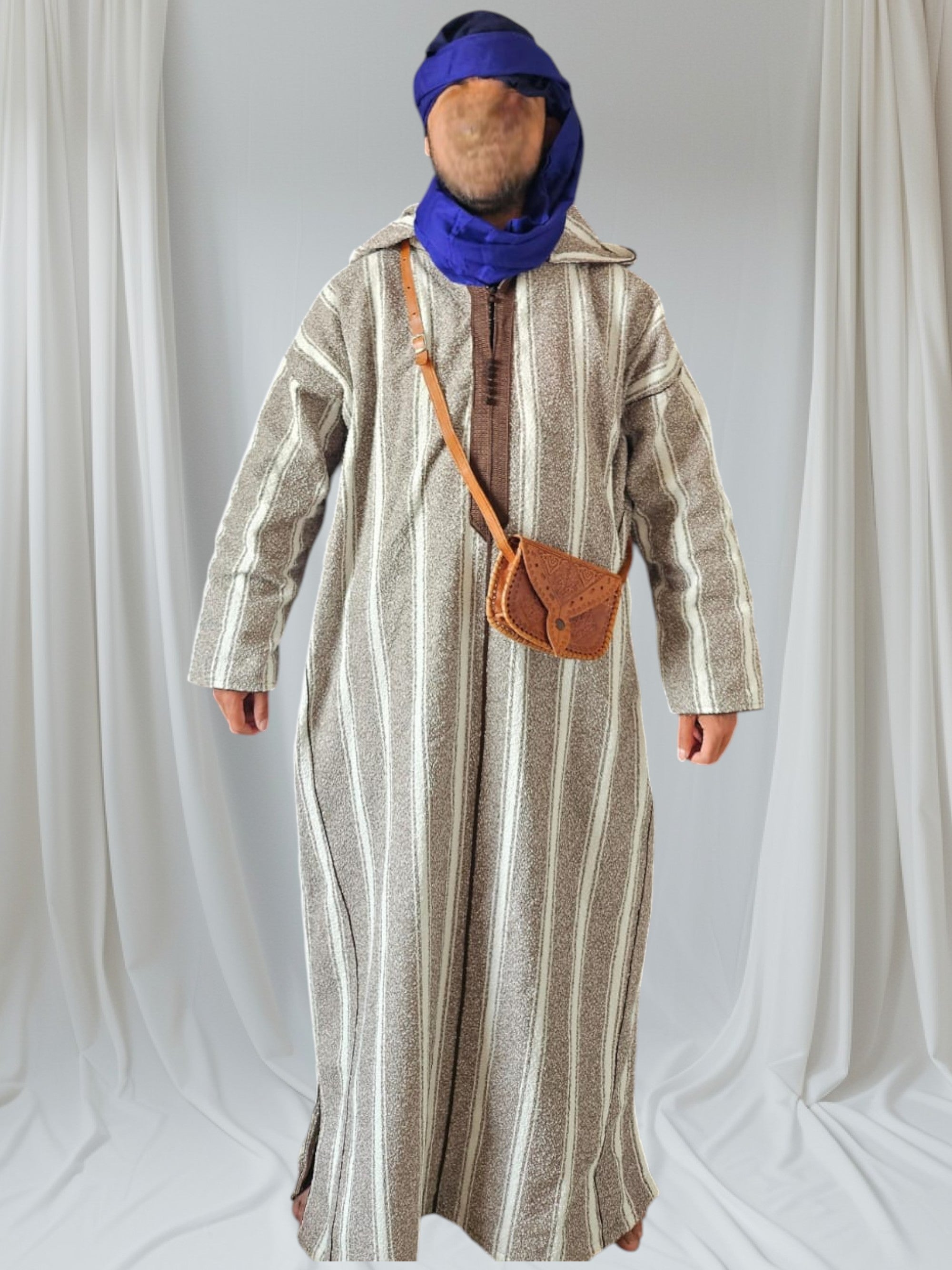 Handmade Moroccan 3-Piece Set – Djellaba, Turban & Leather Bag – Traditional Berber Outfit