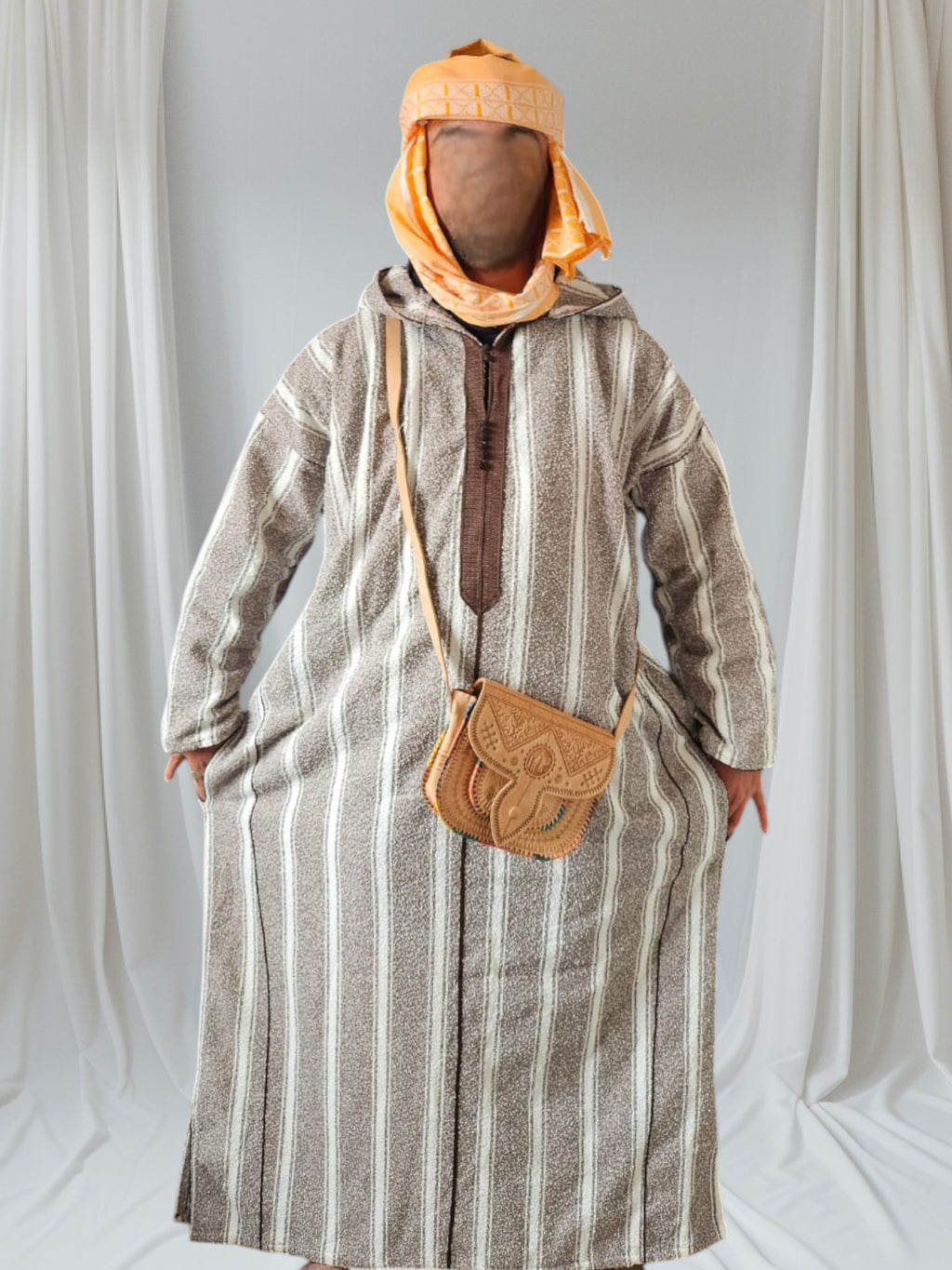 Handmade Moroccan 3-Piece Set – Djellaba, Turban & Leather Bag – Traditional Berber Outfit