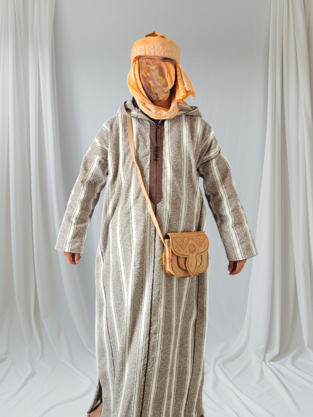 Handmade Moroccan 3-Piece Set – Djellaba, Turban & Leather Bag – Traditional Berber Outfit