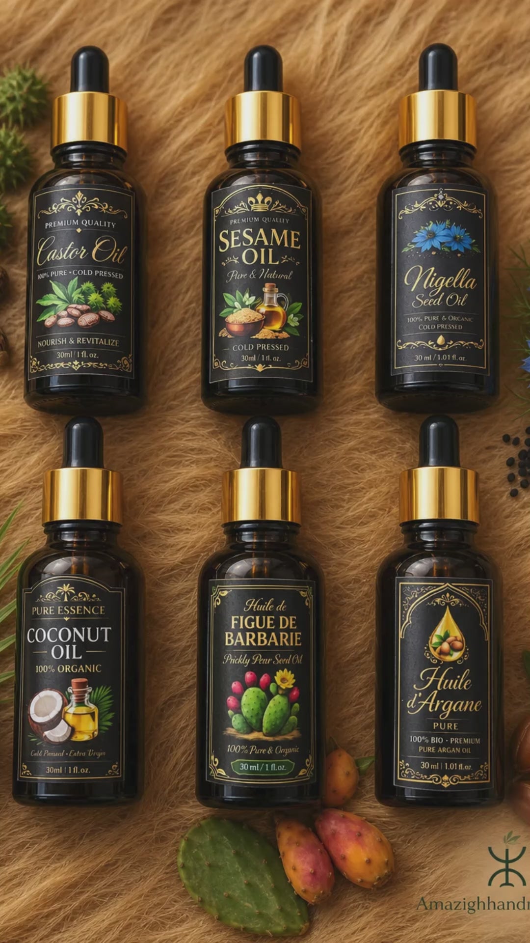 Premium Natural Oil Set – 6 Moroccan Beauty Oils | Argan, Prickly Pear, Nigella, Castor, Coconut & Sesame